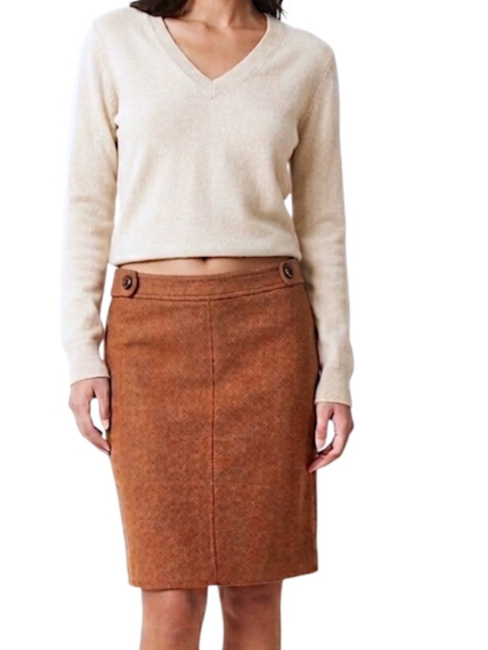 Vintage 90s BCBG wool blend rust khaki tweed low rise old money pencil skirt